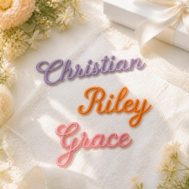 K&ouml;nnte beinhalten: Drei gestickte Namensaufn&auml;her in Schreibschrift. Der oberste Aufn&auml;her ist lila und zeigt den Namen Christian, der mittlere ist orange und zeigt Riley, der untere ist rosa und zeigt Grace. Jeder Aufn&auml;her hat eine erhabene, gestickte Textur.