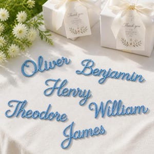 K&ouml;nnte beinhalten: F&uuml;nf blaue Namensschriftz&uuml;ge mit den Namen Oliver, Benjamin, Henry, William und James auf einer wei&szlig;en Oberfl&auml;che, begleitet von zwei wei&szlig;en Geschenkboxen mit cremefarbenen Schleifen und Anh&auml;ngern mit der Aufschrift Thank you for sharing our special day.