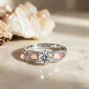 May include: A silver ring with a large, clear gemstone at the center. The ring has a decorative design with pink and silver accents on the sides. The word "David" is engraved on the band.