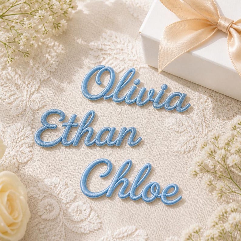 K&ouml;nnte beinhalten: Drei einzelne Namensaufn&auml;her, die mit hellblauem Garn in einer kursiven Schriftart bestickt sind. Die Namen Olivia, Ethan und Chloe sind in einem erhabenen, strukturierten Stil gestickt und als separate dekorative Stoffapplikationen dargestellt.