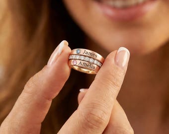 Personalized Birthstone Stacking Rings, Custom Name Engraved Copper Ring Set