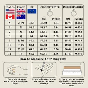 May include: Ring size chart with USA, UK, and EU sizing, including millimeters and inches. Instructions on how to measure ring size are also included, with diagrams showing how to measure the inside circumference.