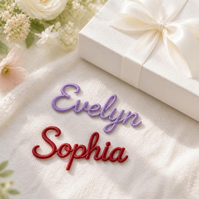 K&ouml;nnte beinhalten: Eine wei&szlig;e Stoffoberfl&auml;che mit dem gestickten Namen Evelyn in violettem Garn und dem Namen Sophia in rotem Garn, platziert unter einer wei&szlig;en Geschenkbox, die mit einem passenden wei&szlig;en Satinband und wei&szlig;en Blumenakzenten verziert ist.