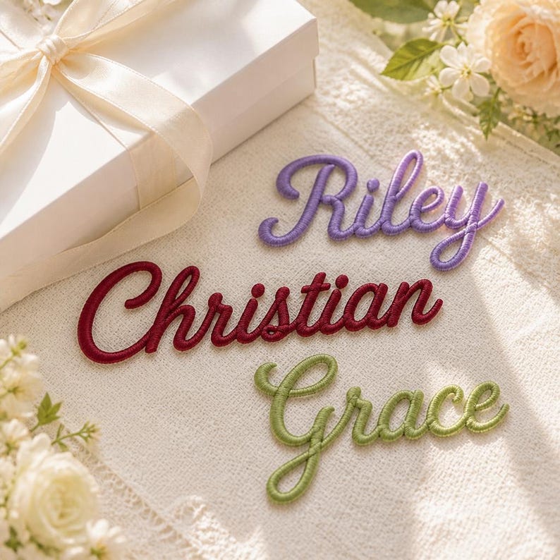 K&ouml;nnte beinhalten: Drei gestickte Namensaufn&auml;her in Schreibschrift. Der oberste Aufn&auml;her zeigt den Namen Riley in Lila, der mittlere Christian in Dunkelrot und der untere Grace in Hellgr&uuml;n. Die Aufn&auml;her sind auf einer strukturierten Stoffoberfl&auml;che angeordnet.