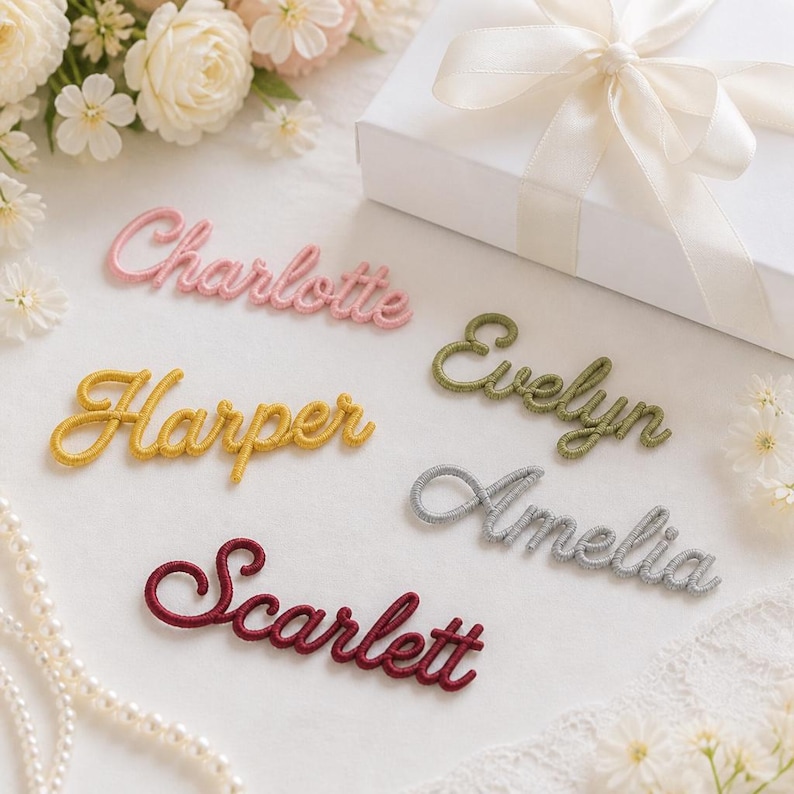 K&ouml;nnte beinhalten: F&uuml;nf bestickte Namensaufn&auml;her in Schreibschrift mit den Namen Charlotte in Pink, Harper in Gelb, Evelyn in Olivgr&uuml;n, Amelia in Silber und Scarlett in Dunkelrot, angeordnet neben einer wei&szlig;en Geschenkbox mit Schleife und wei&szlig;en Blumen.