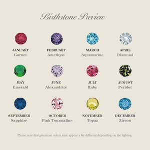 May include: A chart titled "Birthstone Preview" displays twelve gemstones with their corresponding months and names. The gemstones are arranged in a grid, showcasing a variety of colors, including red, purple, blue, green, and yellow.