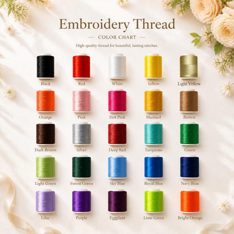 K&ouml;nnte beinhalten: Eine Stickgarn-Farbkarte mit f&uuml;nfundzwanzig Garnrollen in verschiedenen Farben, die in einem Raster angeordnet sind. Der Text lautet Embroidery Thread Color Chart. Jede Rolle ist mit ihrem Farbnamen beschriftet, darunter Schwarz, Rot, Wei&szlig;, Gelb, Hellgelb, Orange, Pink, Hot Pink, Senf, Braun, Dunkelbraun, Silber, Dunkelrot, T&uuml;rkis, Gr&uuml;n, Hellgr&uuml;n, Waldgr&uuml;n, Himmelblau, K&ouml;nigsblau, Marineblau, Flieder, Lila, Aubergine, Limettengr&uuml;n und Hellorange.