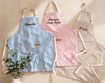 Embroidered Striped Baking Apron, Personalized Chef Gift