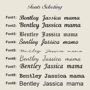 May include: A beige background displays nine font styles with the words "Bentley Jassica mama" in each. The text "Fonts Selecting" is at the top. Each font is labeled Font1 through Font9.