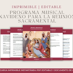 Op de afbeelding: Een afdrukbaar kerstmuziekprogramma in bordeauxrood en wit met de tekst "IMPRIMIBLE | EDITABLE PROGRAMA MUSICAL NAVIDEÑO PARA LA REUNIÓN SACRAMENTAL". De omslag toont een illustratie van de Geboorte.