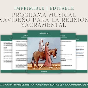May include: A collection of green and white printable documents titled "Programa Musical Navideño Para La Reunión Sacramental". The cover shows an illustration of two people on a donkey. Text includes "Imprimible | Editable" and "Descarga imprimible instantánea: PDF editable y documento de Word."