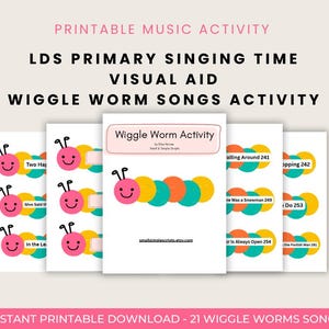 Pode incluir: Atividade musical imprimível com um auxílio visual para o Tempo de Canto Primário SUD. O design apresenta ilustrações de vermes sorridentes coloridos e o texto "Wiggle Worm Songs Activity". A imagem também inclui o texto "Instant Printable Download - 21 Wiggle Worms Songs".