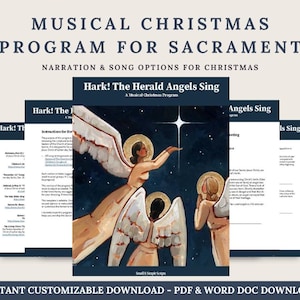 May include: A digital musical Christmas program for sacrament titled Hark! The Herald Angels Sing. The document features a central illustration of three angels with golden halos beneath a bright star against a dark blue starry night sky.