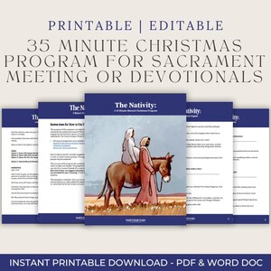 Könnte beinhalten: Eine Reihe von druckbaren Dokumenten mit blauem und weißem Design. Das zentrale Dokument zeigt eine Illustration von Personen, die einen Esel reiten. Der Text enthält "PRINTABLE | EDITABLE" und "35 MINUTE CHRISTMAS PROGRAM FOR SACRAMENT MEETING OR DEVOTIONALS."