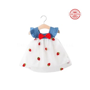 0-3 Years Summer Baby Girl Princess Dress With Strawberry Embroidery, Flying Sleeve Bow Toddler Outfit, Cute Infant Party Dress