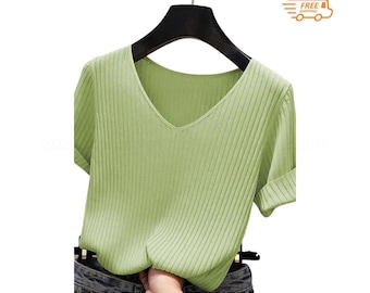 Lightweight Knit V-Neck Tee: Slim Fit Summer Top