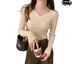 Slim Fit Ribbed Knit V-Neck Sweater - Elegant Autumn Winter Pullover