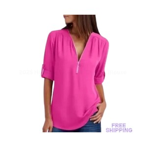 2025 Hot Sale Women’s Chiffon Blouse, Loose Fit V-Neck Zipper Top, Casual Sexy Pullover Shirt, Plus Size Fashion Ladies Top