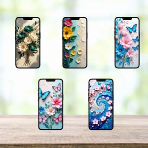 May include: Five smartphones with floral and butterfly designs. The phone cases feature various flower arrangements in shades of green, yellow, pink, and blue, along with butterflies. The backgrounds are light blue and white.