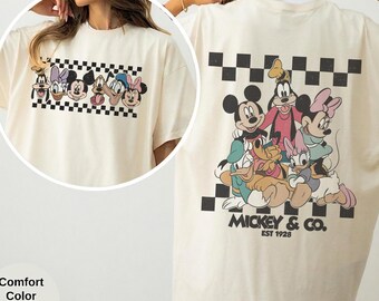 Retro Mickey & Co Est 1928 Comfort Colors® Shirt, Mickey And Friends, Disney Family Vacation Checkered Tee, Disneyland Tee, Disney Trip Tee