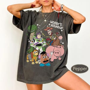 May include: Dark gray t-shirt featuring a colorful graphic of characters from the movie Toy Story, including Woody, Buzz Lightyear, and Rex. The text "Woody's Roundup" is above the characters. The shirt is a relaxed fit.