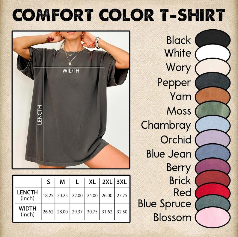 May include: A charcoal gray short-sleeve t-shirt with a size chart displaying length and width in inches. A color palette list includes Black, White, Ivory, Pepper, Yam, Moss, Chambray, Orchid, Blue Jean, Berry, Brick, Red, Blue Spruce, and Blossom.