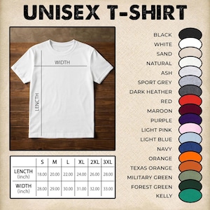 May include: A white unisex t-shirt with length and width measurements in inches. The image also displays a color chart with options like black, white, red, and navy. The shirt is a classic crew neck style.