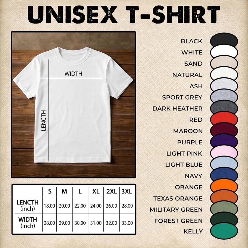 May include: A white unisex t-shirt with length and width measurements in inches. The image also displays a color chart with options like black, white, red, and navy. The shirt is a classic crew neck style.