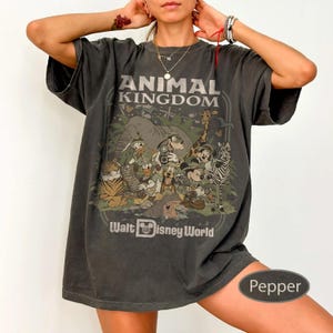 May include: Dark gray t-shirt with the text "ANIMAL KINGDOM" above a graphic of Disney characters, including Mickey Mouse, Donald Duck, and a zebra. The words "Walt Disney World" are printed below the graphic.