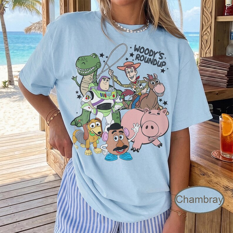 May include: Light blue t-shirt featuring a graphic of characters from the animated film "Toy Story." The design includes Woody, Buzz Lightyear, Rex, Hamm, Mr. Potato Head, Slinky Dog, and Bullseye, with the text "Woody's Roundup."