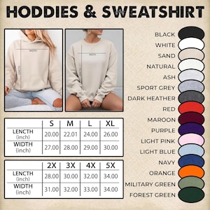 May include: Image showcasing hoodies and sweatshirts in various colors, including black, white, and navy. The image displays size charts with measurements in inches for length and width, ranging from S to 5X.