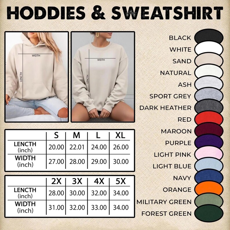May include: Image showcasing hoodies and sweatshirts in various colors, including black, white, and navy. The image displays size charts with measurements in inches for length and width, ranging from S to 5X.