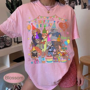 May include: Pink t-shirt with a colorful birthday graphic featuring cartoon animal characters, balloons, and the text "Happy Birthday". The number "3" is also displayed. The shirt has short sleeves.