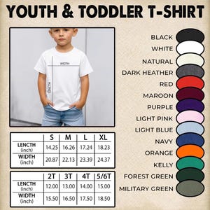 May include: A white youth t-shirt with size and color options. The shirt is modeled on a child. Color options include black, white, navy, and orange. Measurements are provided in inches for various sizes, including S, M, L, XL, 2T, 3T, 4T, and 5/6T.