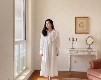 Victorian Cotton Nightgown: Ruffle Lace, Cottagecore Sleep Dress