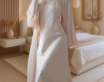 Conjunto de robe de cetim com renda para noivas – Lingerie para lua de mel
