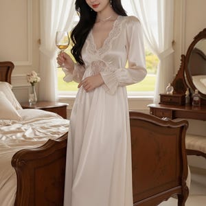 knee length dresses for ladies Sheer Lace White Nightgown - Vintage Ruffle Detail