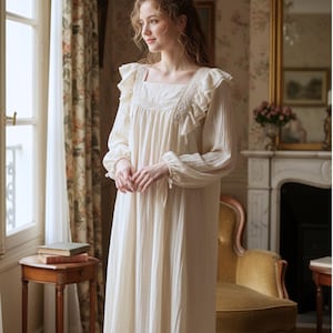 Victorian Nightgown Women, Edwardian Cottagecore Nightdress, Ruffle Long Sleeve Sleepwear, Vintage Inspired Bridal Nightgown