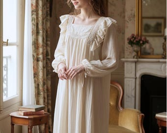 Viktorianisches Nachthemd Damen, Cottagecore Nachtkleid, Rüschen Langarm Nachtwäsche, Vintage Inspiriertes Braut Nachthemd