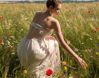 Vestido de novia bohemio de malla – Aplique de flores blancas, vestido de tirantes finos