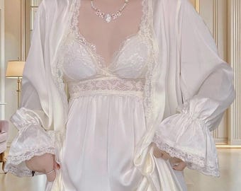 Vintage Lace Satin Lingerie Set – White Bridal Nightgown Robe