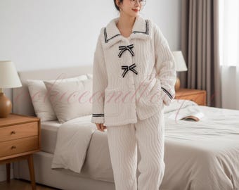 Cozy Fleece Pajama Set for Women – Winter Loungewear with Bow Details