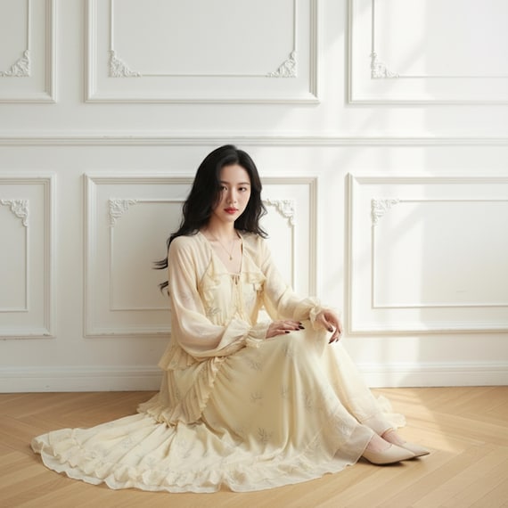 beige frill sleeve maxi dress Long Sleeve Off-Shoulder Beaded Lace Gown main image 1