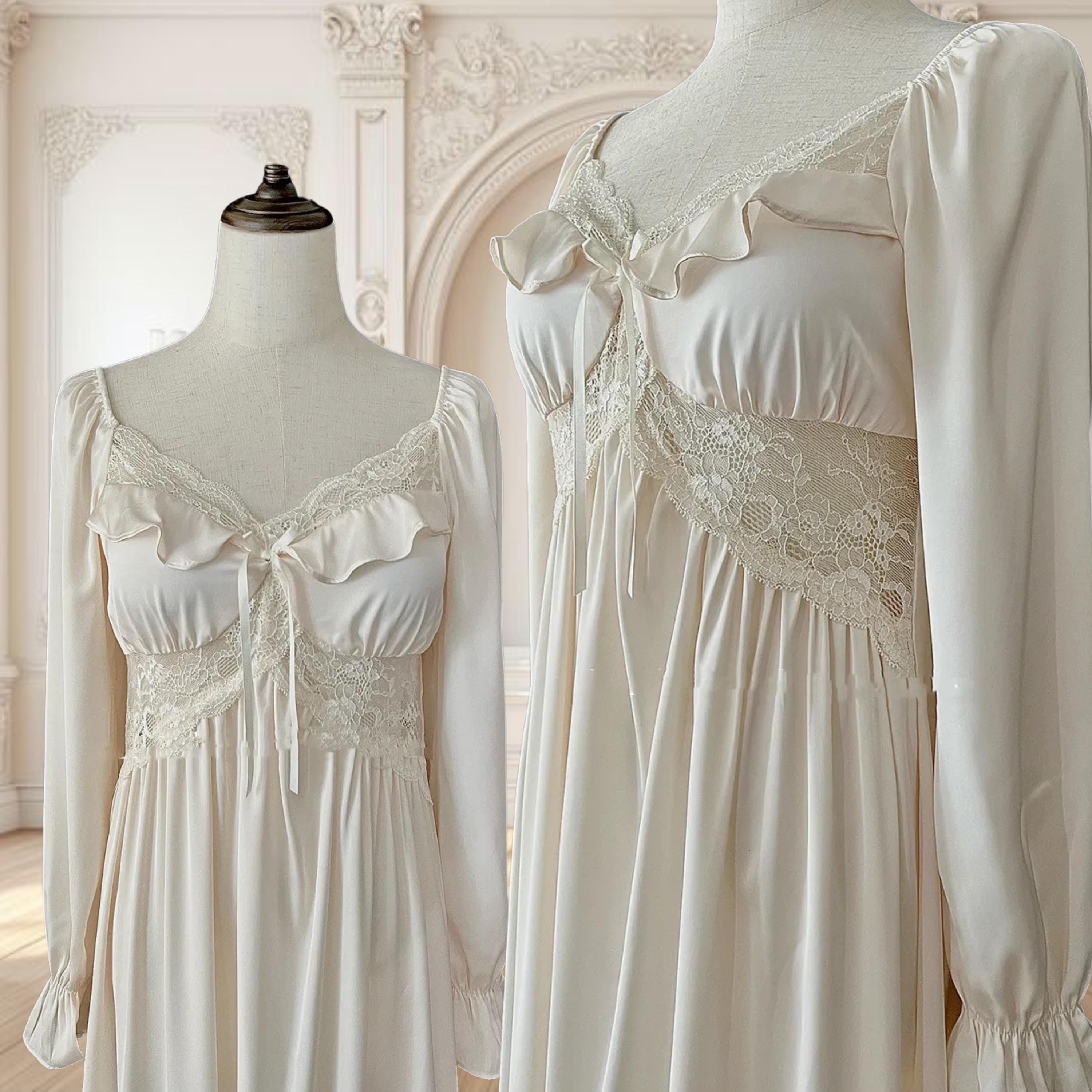 vintage lace bodice nightgown dress SlesSic Vintage Lace Nightdress Romantic Ruffle Sleeve Sleepwear Dress