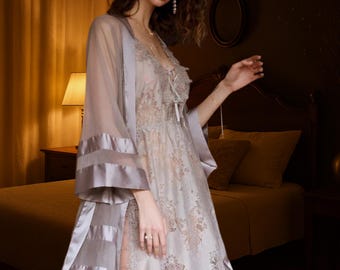 Bridal Lace Robe Set – Faux Silk Honeymoon Lingerie