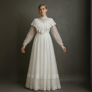 Vintage Victorian White Lace Fairy Dress, Romantic Long Sleeve High Collar Gown | Elegant A-Line Mid-Calf Cottagecore Dress for Bride