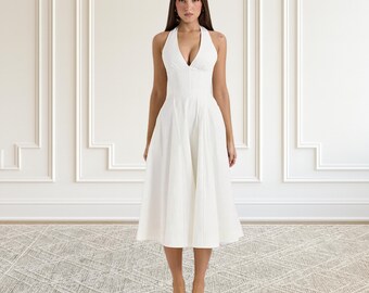 White Halter Midi Dress: Backless A-Line Summer Party Outfit