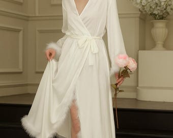 Luxury Feather Bridal Robe: Satin Wedding Getting Ready Robe