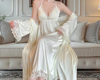 Conjunto de bata y camisón de satén para novias - Lencería de encaje blanco