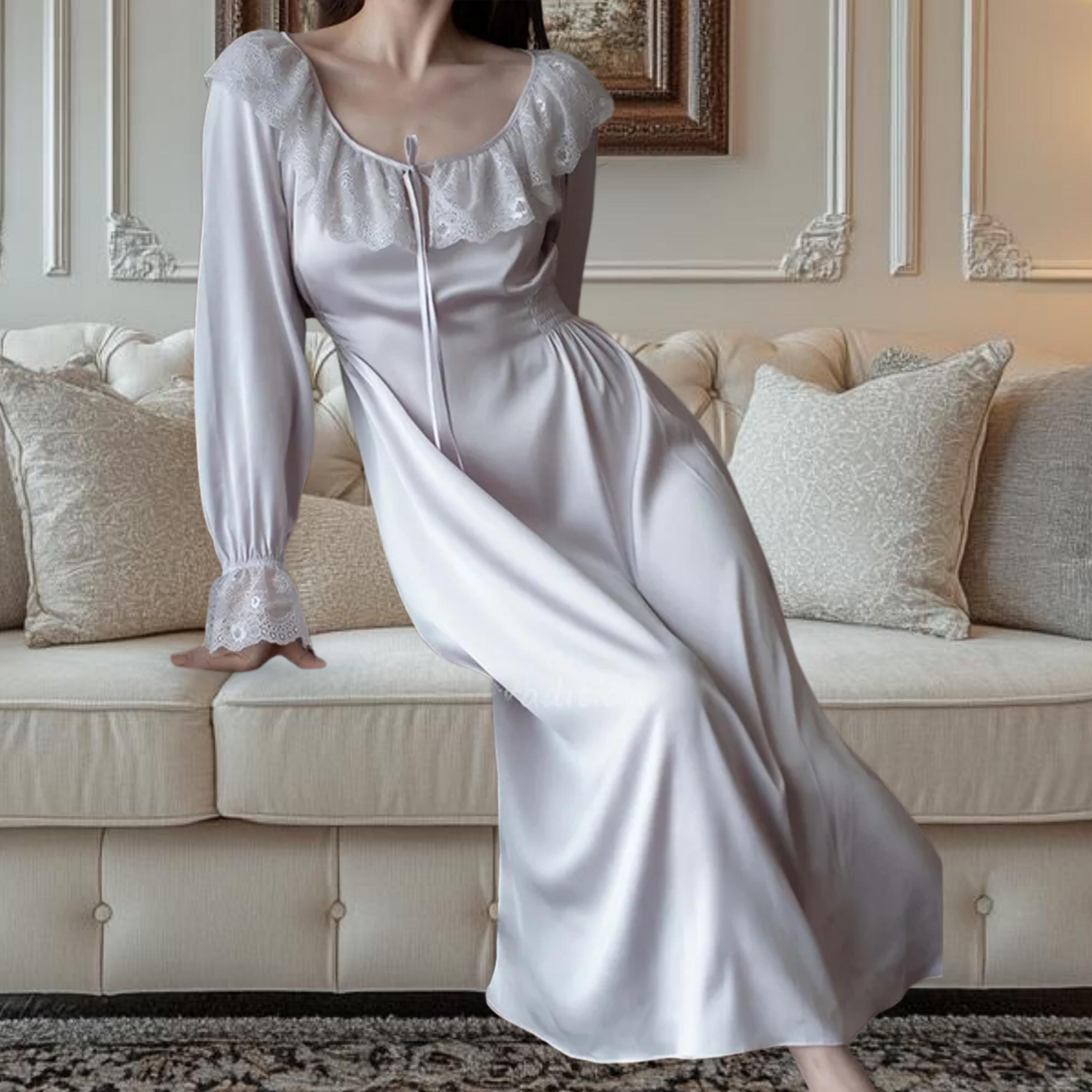 Victorian Bridal Nightgown: Lace Trim Satin Wedding Robe